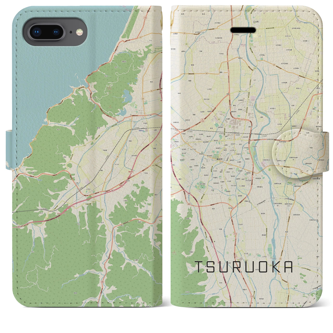 【鶴岡】地図柄iPhoneケース（手帳両面タイプ・ナチュラル）iPhone 8Plus /7Plus / 6sPlus / 6Plus 用