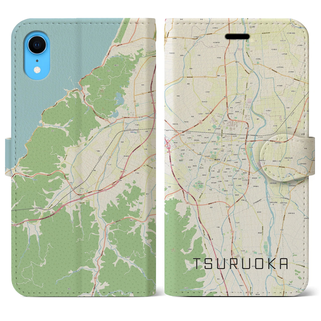 【鶴岡】地図柄iPhoneケース（手帳両面タイプ・ナチュラル）iPhone XR 用