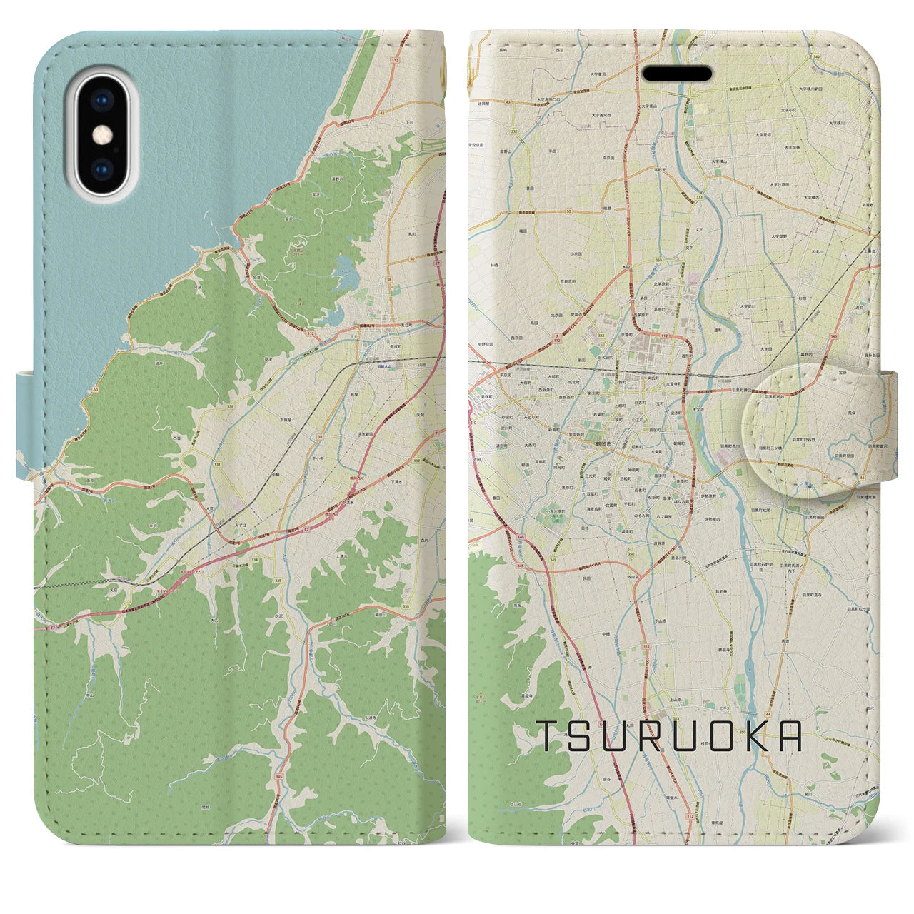 【鶴岡】地図柄iPhoneケース（手帳両面タイプ・ナチュラル）iPhone XS Max 用