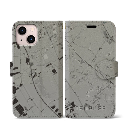 【鶴瀬（埼玉県）】地図柄iPhoneケース（手帳タイプ）モノトーン・iPhone 13 mini 用