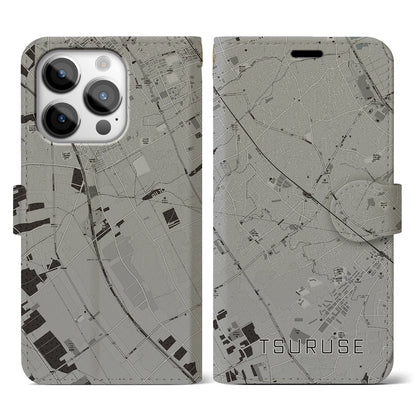 【鶴瀬（埼玉県）】地図柄iPhoneケース（手帳タイプ）モノトーン・iPhone 14 Pro 用