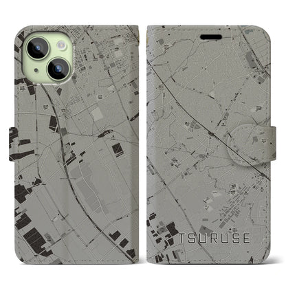 【鶴瀬（埼玉県）】地図柄iPhoneケース（手帳タイプ）モノトーン・iPhone 15 用