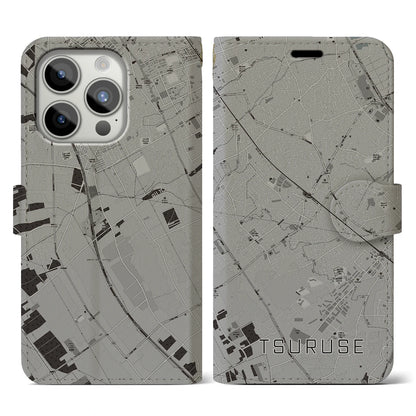 【鶴瀬（埼玉県）】地図柄iPhoneケース（手帳タイプ）モノトーン・iPhone 15 Pro 用