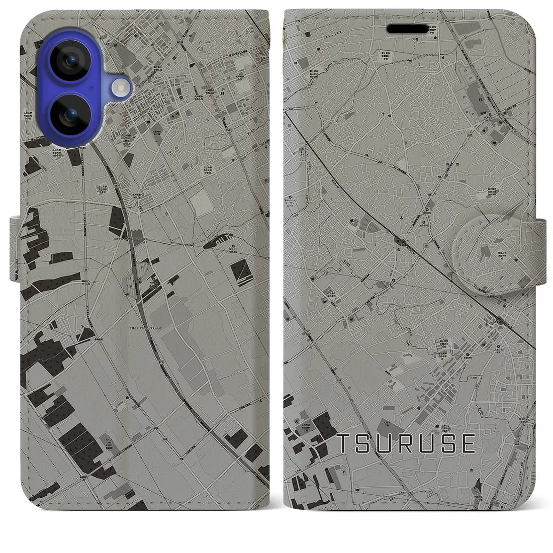 【鶴瀬(埼玉県)】地図柄iPhoneケース(手帳タイプ)モノトーン・iPhone 16 Pro Max 用