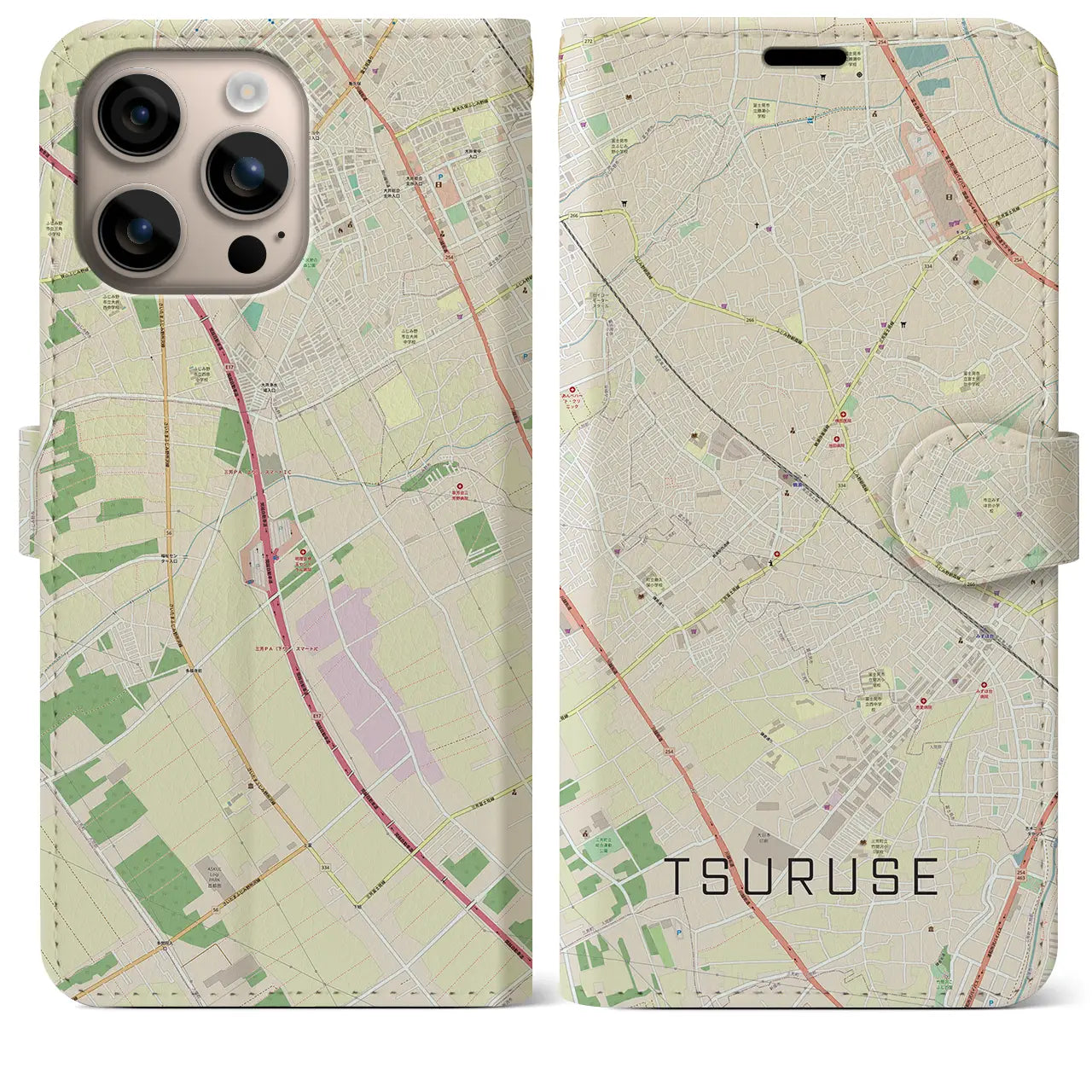 【鶴瀬（埼玉県）】地図柄iPhoneケース（手帳タイプ）ナチュラル・iPhone 16 Plus 用