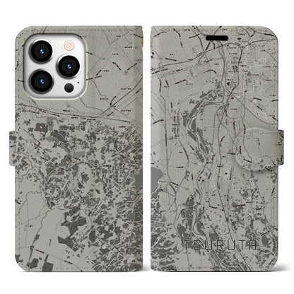 【鶴田（青森県）】地図柄iPhoneケース（手帳タイプ）モノトーン・iPhone 13 Pro 用