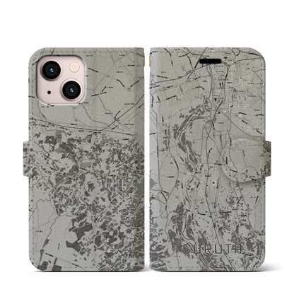 【鶴田（青森県）】地図柄iPhoneケース（手帳タイプ）モノトーン・iPhone 13 mini 用