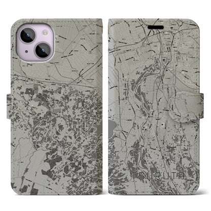 【鶴田（青森県）】地図柄iPhoneケース（手帳タイプ）モノトーン・iPhone 14 用