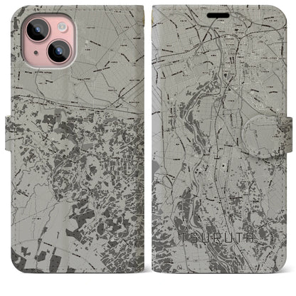 【鶴田（青森県）】地図柄iPhoneケース（手帳タイプ）モノトーン・iPhone 15 Plus 用