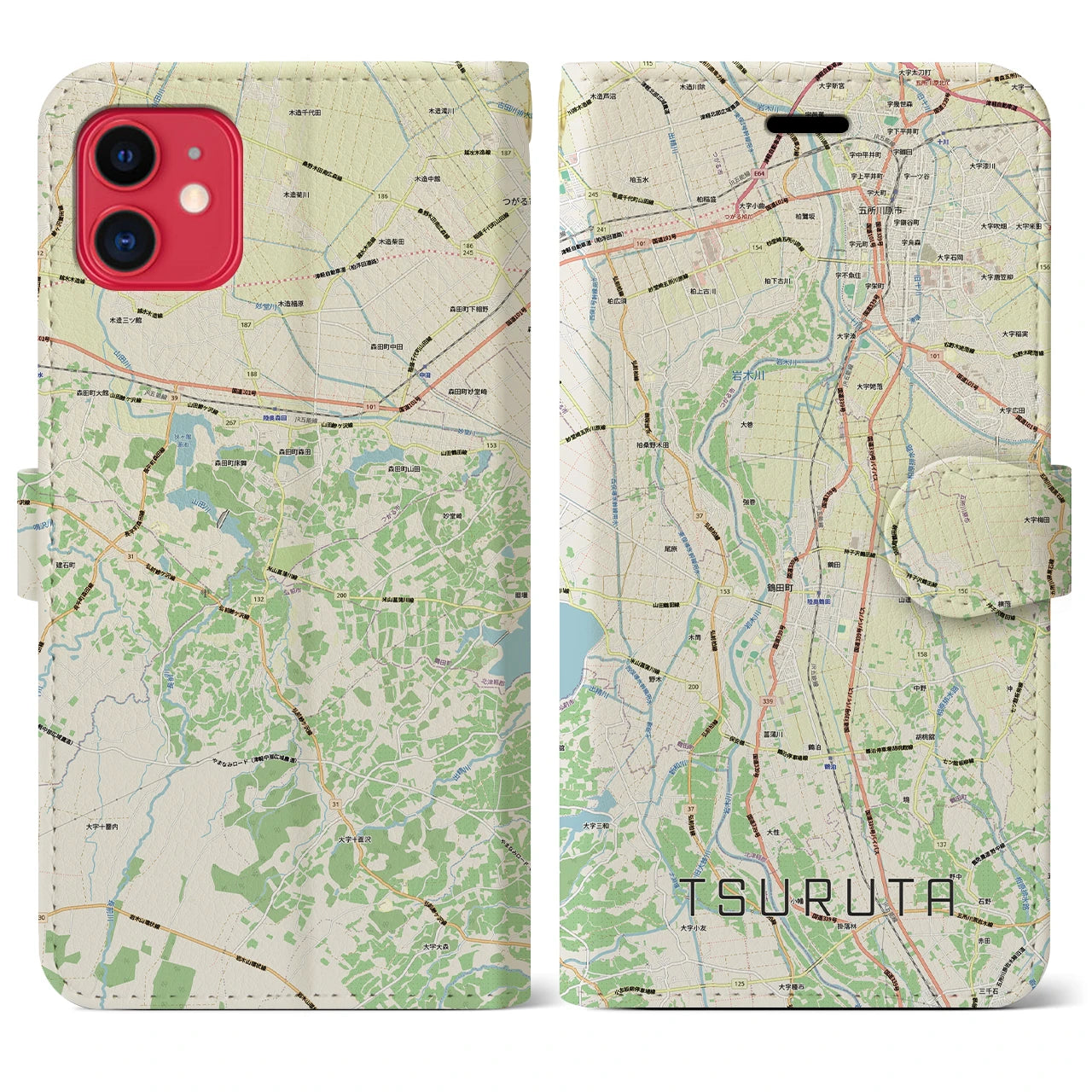 【鶴田（青森県）】地図柄iPhoneケース（手帳タイプ）ナチュラル・iPhone 11 用