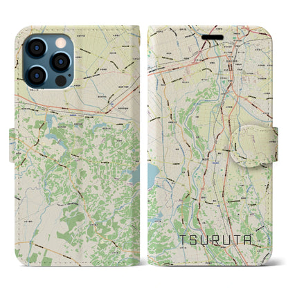 【鶴田（青森県）】地図柄iPhoneケース（手帳タイプ）ナチュラル・iPhone 12 / 12 Pro 用