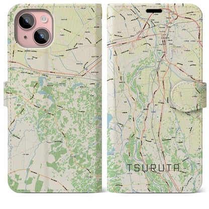 【鶴田（青森県）】地図柄iPhoneケース（手帳タイプ）ナチュラル・iPhone 15 Plus 用