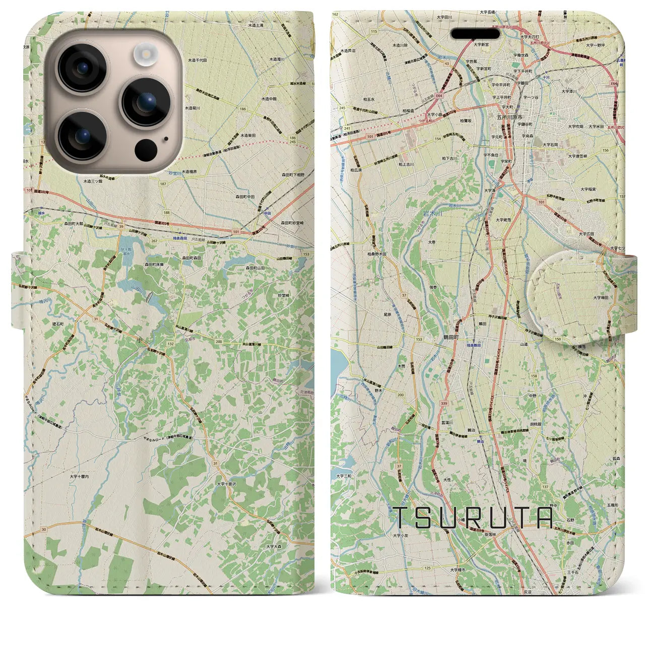 【鶴田（青森県）】地図柄iPhoneケース（手帳タイプ）ナチュラル・iPhone 16 Plus 用