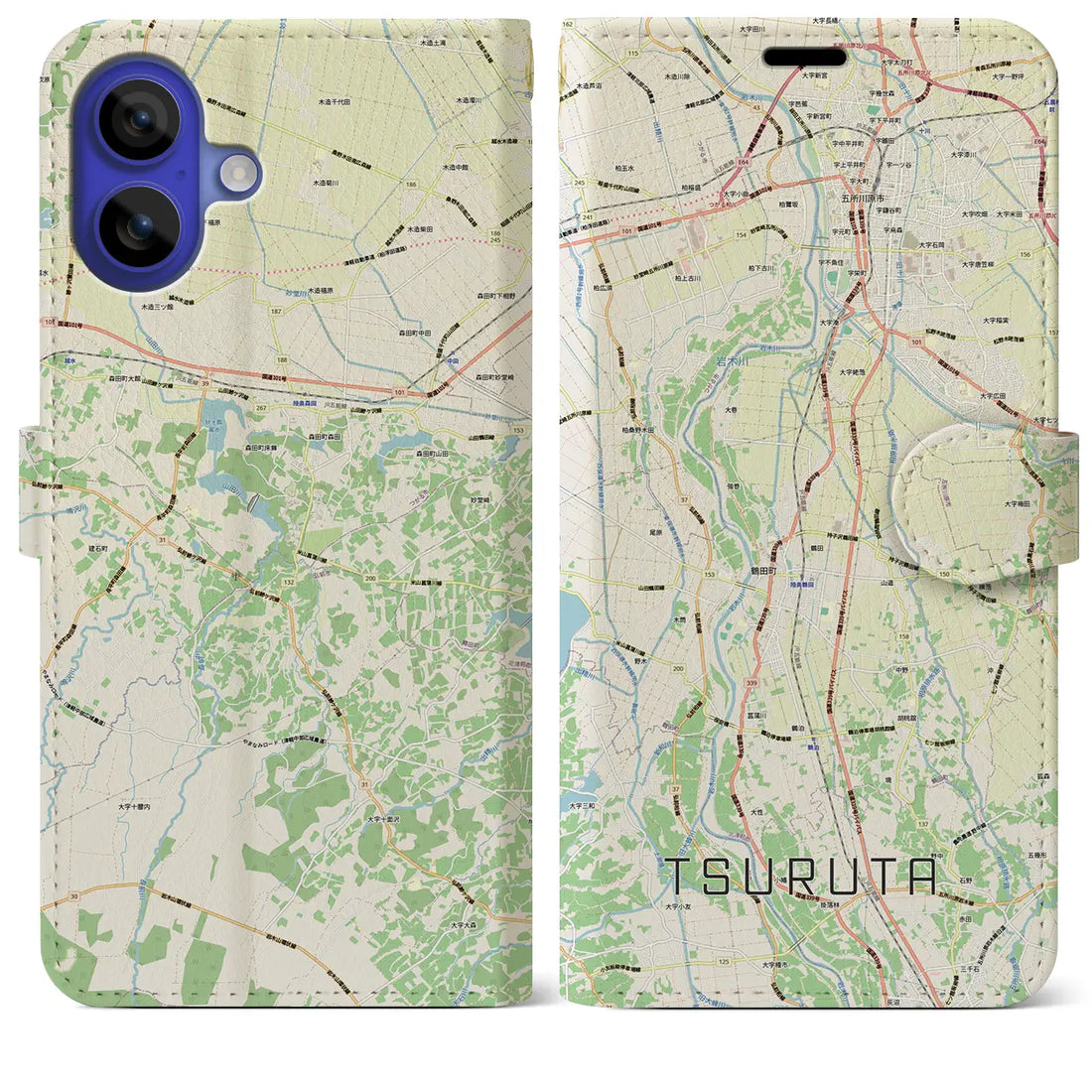 【鶴田(青森県)】地図柄iPhoneケース(手帳タイプ)ナチュラル・iPhone 16 Pro Max 用