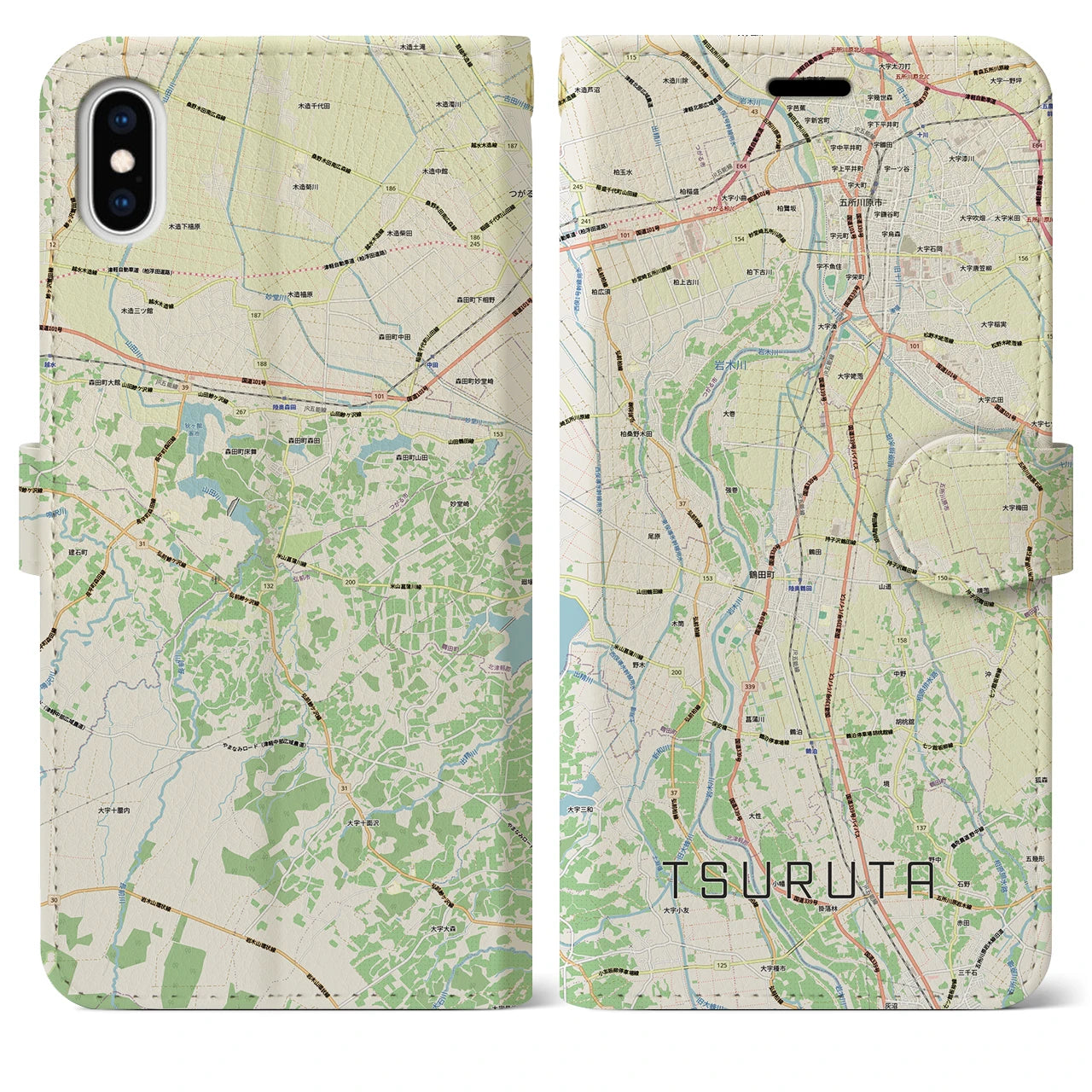 【鶴田（青森県）】地図柄iPhoneケース（手帳タイプ）ナチュラル・iPhone XS Max 用