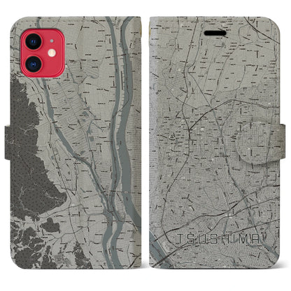 【津島（愛知県）】地図柄iPhoneケース（手帳タイプ）モノトーン・iPhone 11 用