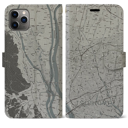 【津島（愛知県）】地図柄iPhoneケース（手帳タイプ）モノトーン・iPhone 11 Pro Max 用