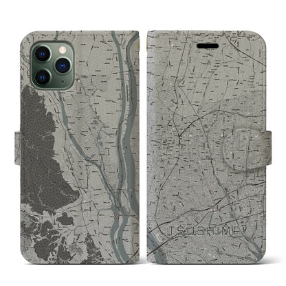 【津島（愛知県）】地図柄iPhoneケース（手帳タイプ）モノトーン・iPhone 11 Pro 用