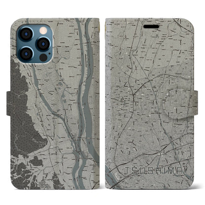 【津島（愛知県）】地図柄iPhoneケース（手帳タイプ）モノトーン・iPhone 12 / 12 Pro 用