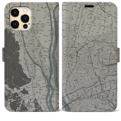 【津島（愛知県）】地図柄iPhoneケース（手帳タイプ）モノトーン・iPhone 12 Pro Max 用
