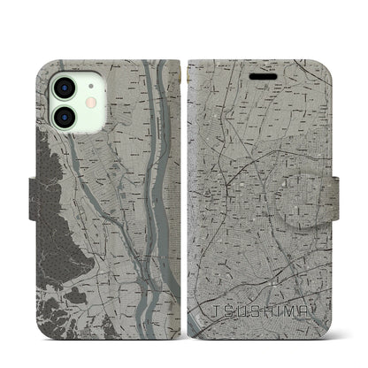 【津島（愛知県）】地図柄iPhoneケース（手帳タイプ）モノトーン・iPhone 12 mini 用