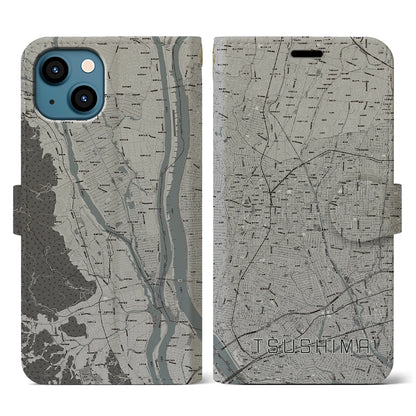 【津島（愛知県）】地図柄iPhoneケース（手帳タイプ）モノトーン・iPhone 13 用