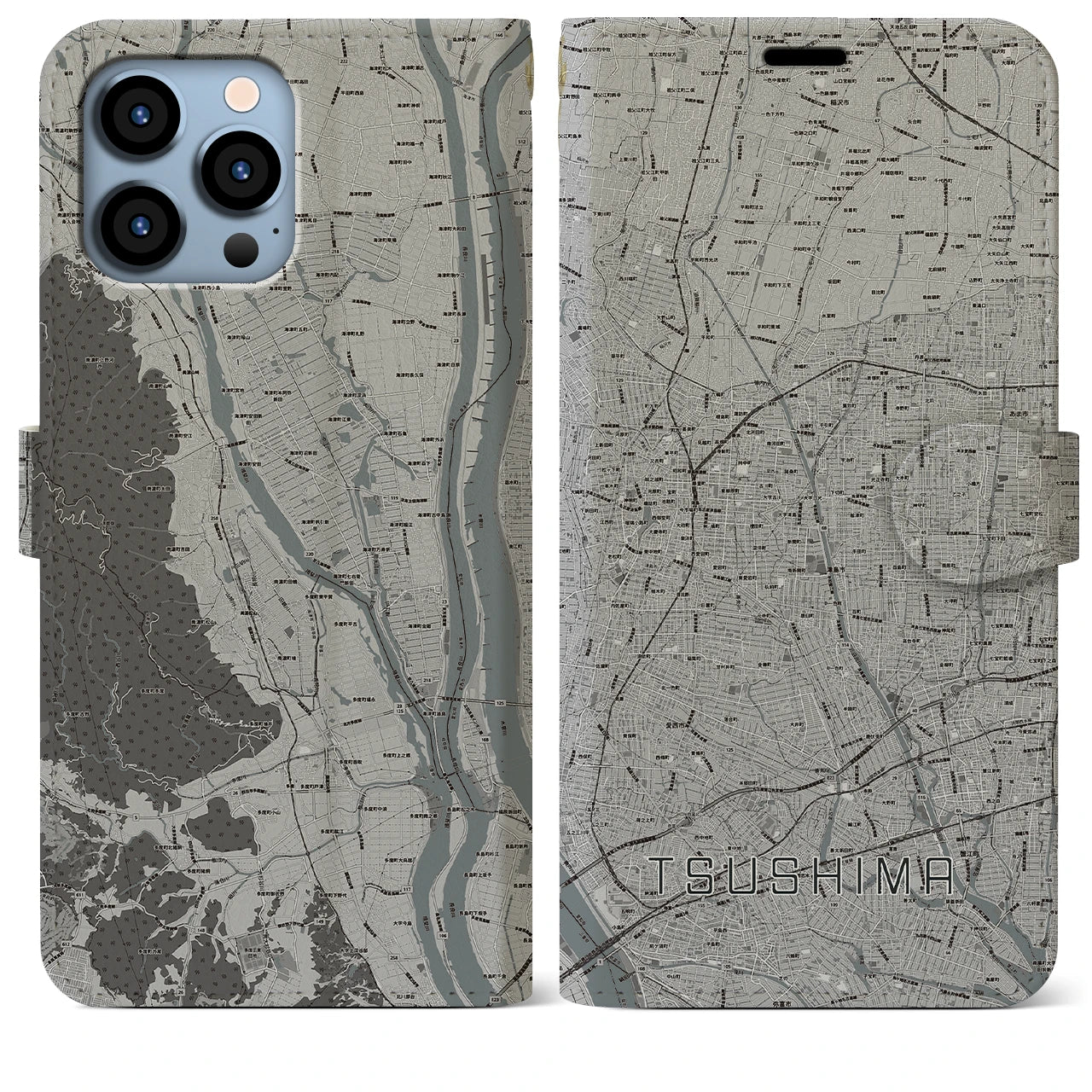 【津島】地図柄iPhoneケース（手帳両面タイプ・モノトーン）iPhone 13 Pro Max 用