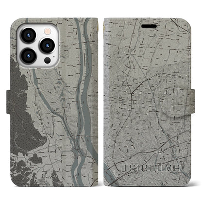 【津島（愛知県）】地図柄iPhoneケース（手帳タイプ）モノトーン・iPhone 13 Pro 用