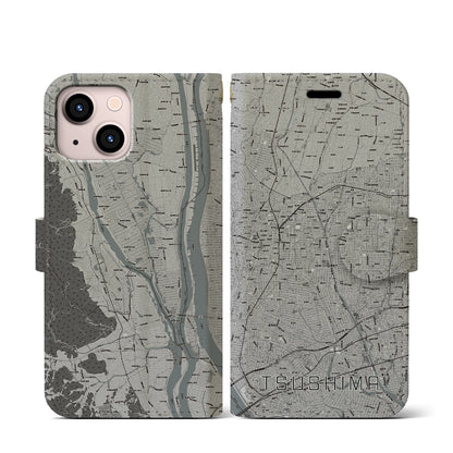 【津島（愛知県）】地図柄iPhoneケース（手帳タイプ）モノトーン・iPhone 13 mini 用