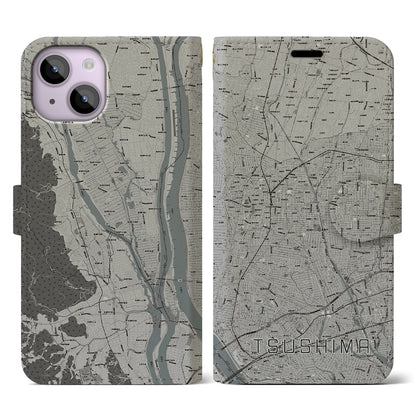 【津島（愛知県）】地図柄iPhoneケース（手帳タイプ）モノトーン・iPhone 14 用