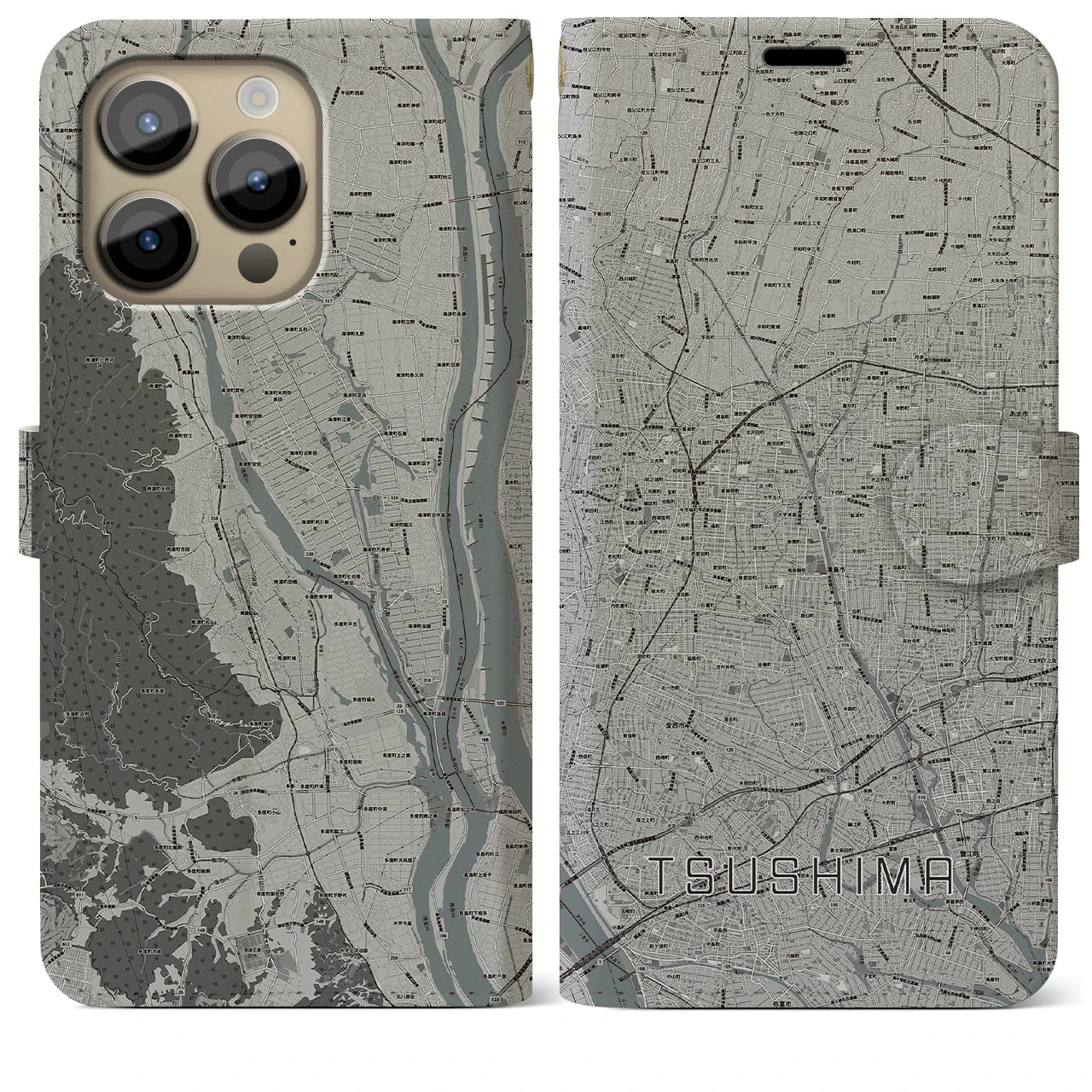 【津島】地図柄iPhoneケース（手帳両面タイプ・モノトーン）iPhone 14 Pro Max 用