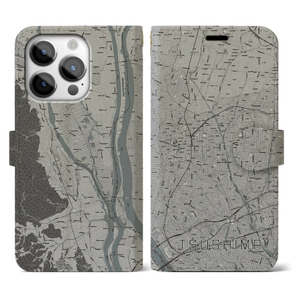 【津島（愛知県）】地図柄iPhoneケース（手帳タイプ）モノトーン・iPhone 14 Pro 用