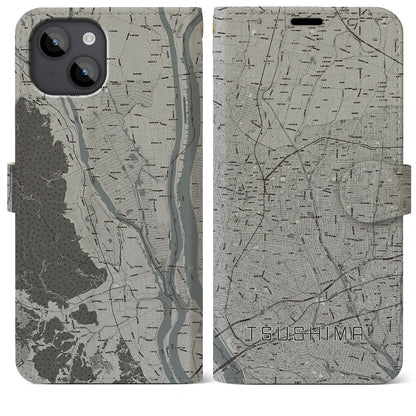 【津島（愛知県）】地図柄iPhoneケース（手帳タイプ）モノトーン・iPhone 14 Plus 用