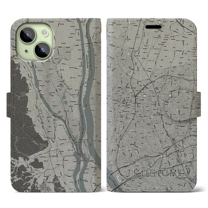 【津島（愛知県）】地図柄iPhoneケース（手帳タイプ）モノトーン・iPhone 15 用