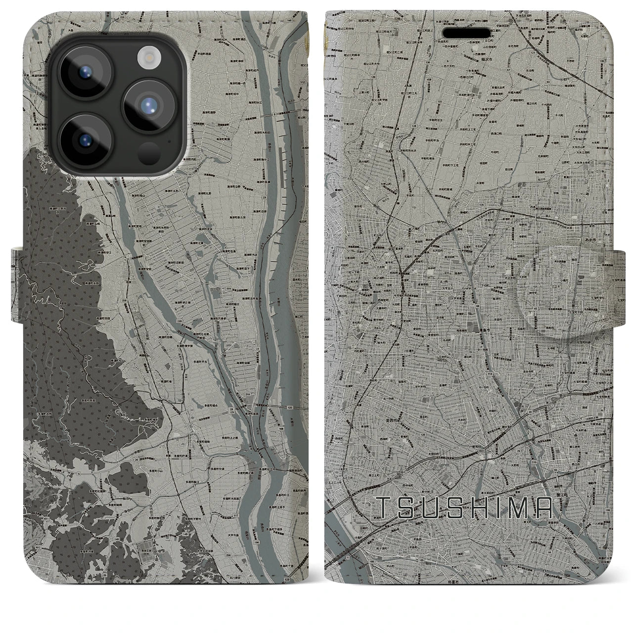 【津島】地図柄iPhoneケース（手帳両面タイプ・モノトーン）iPhone 15 Pro Max 用