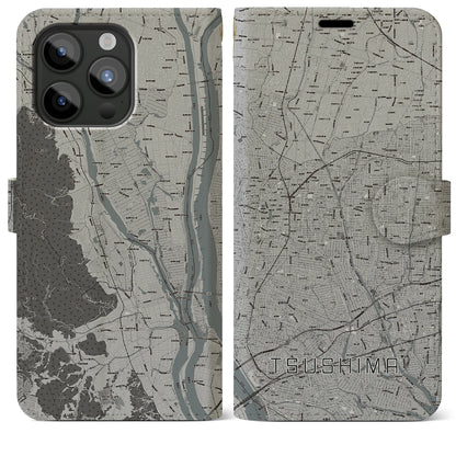 【津島（愛知県）】地図柄iPhoneケース（手帳タイプ）モノトーン・iPhone 15 Pro Max 用