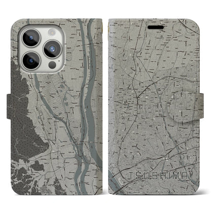 【津島（愛知県）】地図柄iPhoneケース（手帳タイプ）モノトーン・iPhone 15 Pro 用