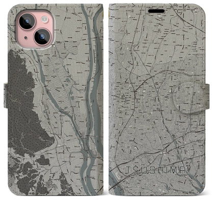 【津島（愛知県）】地図柄iPhoneケース（手帳タイプ）モノトーン・iPhone 15 Plus 用