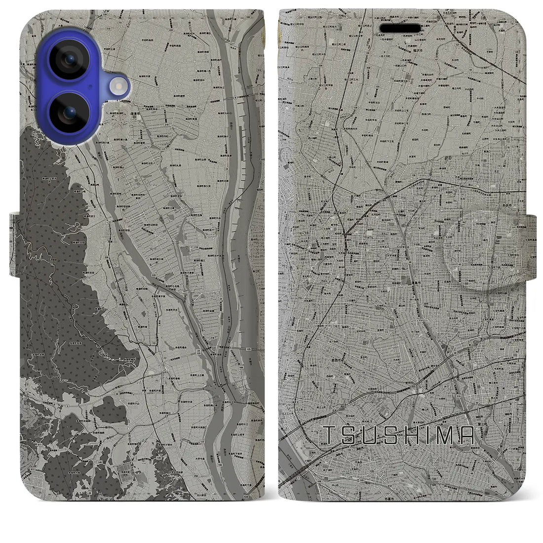 【津島(愛知県)】地図柄iPhoneケース(手帳タイプ)モノトーン・iPhone 16 Pro Max 用