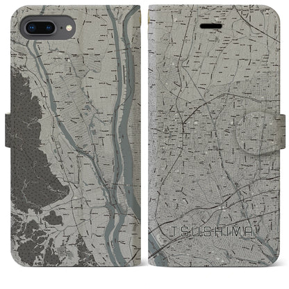 【津島（愛知県）】地図柄iPhoneケース（手帳タイプ）モノトーン・iPhone 8Plus /7Plus / 6sPlus / 6Plus 用