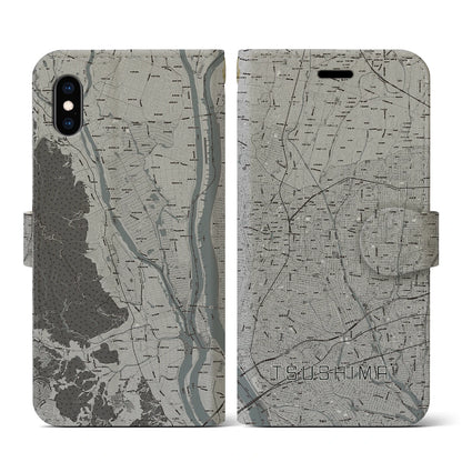 【津島（愛知県）】地図柄iPhoneケース（手帳タイプ）モノトーン・iPhone XS / X 用