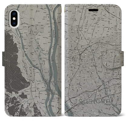 【津島（愛知県）】地図柄iPhoneケース（手帳タイプ）モノトーン・iPhone XS Max 用