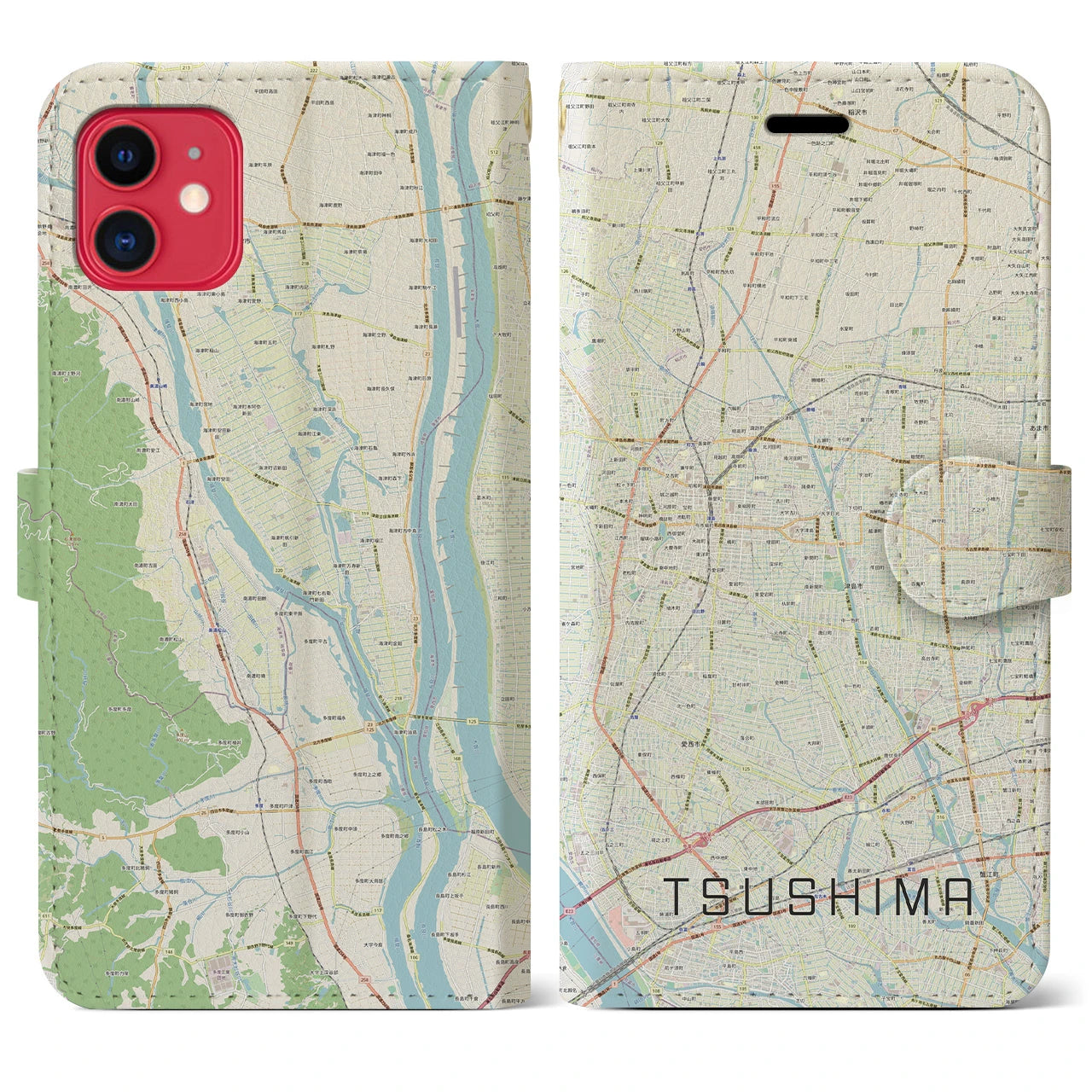 【津島】地図柄iPhoneケース（手帳両面タイプ・ナチュラル）iPhone 11 用