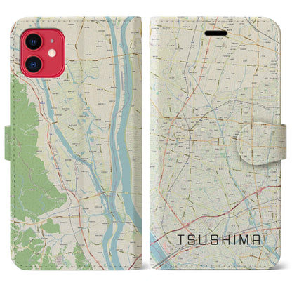 【津島（愛知県）】地図柄iPhoneケース（手帳タイプ）ナチュラル・iPhone 11 用