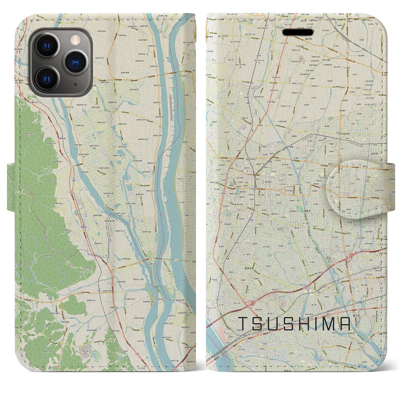 【津島】地図柄iPhoneケース（手帳両面タイプ・ナチュラル）iPhone 11 Pro Max 用