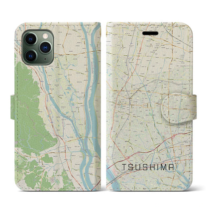 【津島（愛知県）】地図柄iPhoneケース（手帳タイプ）ナチュラル・iPhone 11 Pro 用