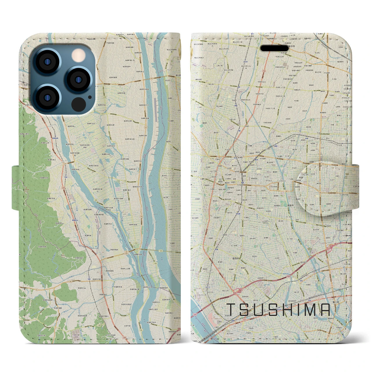 【津島】地図柄iPhoneケース（手帳両面タイプ・ナチュラル）iPhone 12 / 12 Pro 用