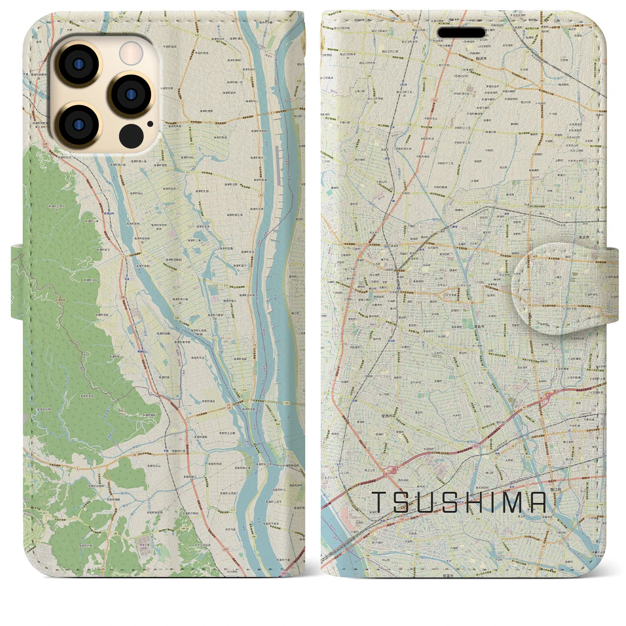 【津島】地図柄iPhoneケース（手帳両面タイプ・ナチュラル）iPhone 12 Pro Max 用
