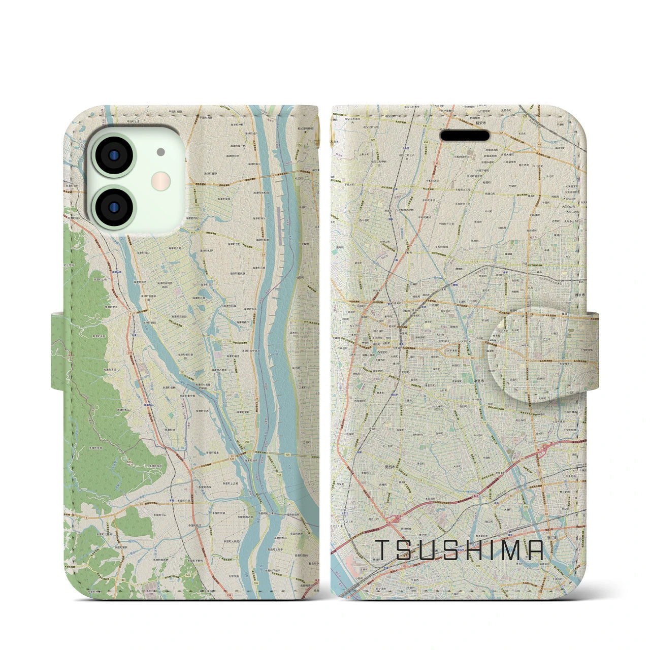 【津島】地図柄iPhoneケース（手帳両面タイプ・ナチュラル）iPhone 12 mini 用