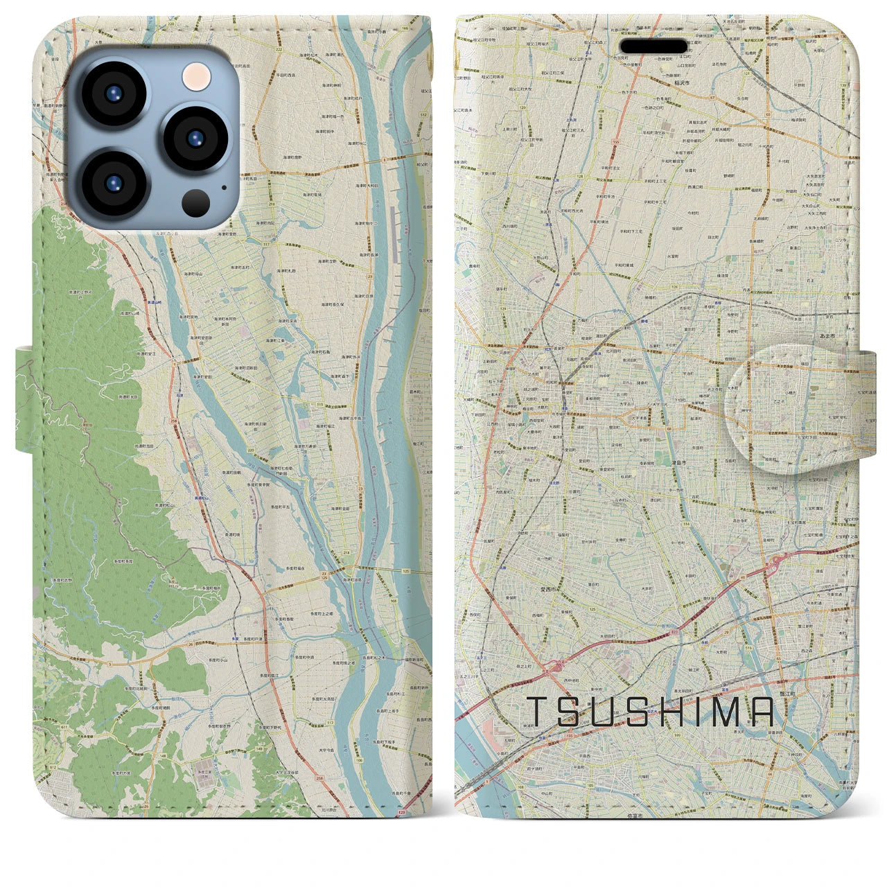 【津島】地図柄iPhoneケース（手帳両面タイプ・ナチュラル）iPhone 13 Pro Max 用